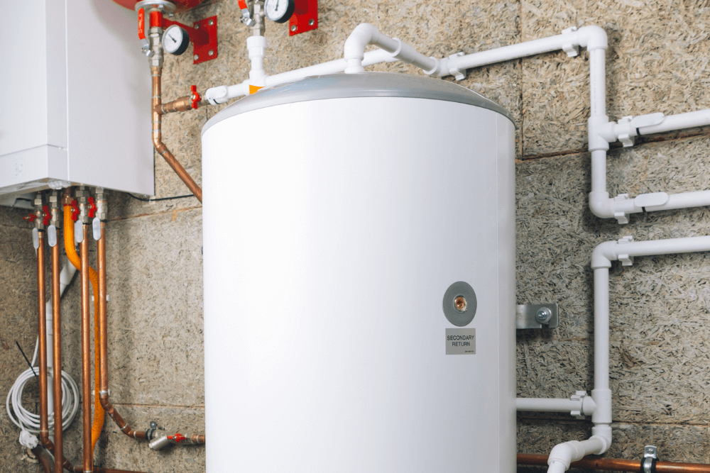 One Click Plumber Dubai technician repairing a leaking residential water heater geyser, replacing a faulty thermostat and flushing sediment buildup caused by Dubai hard water