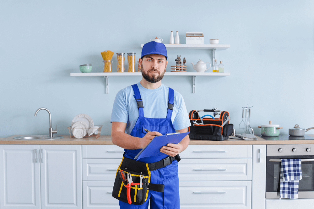 Trusted residential plumber in Dubai carefully repairing a kitchen tap and under-sink pipework in a family villa in Jumeirah, wearing shoe covers and using drop cloths to protect the home