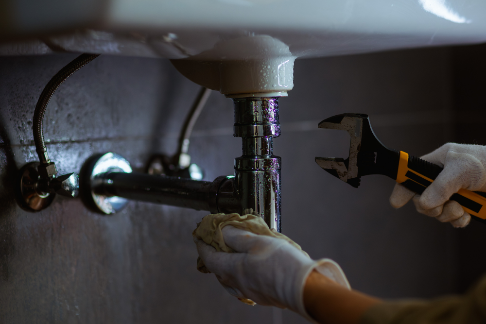 Professional commercial plumber in Dubai Business Bay performing an emergency plumbing repair in a commercial office building, working discreetly to minimize business disruption